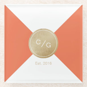 Orange minimalist modern wedding monogram glass coaster