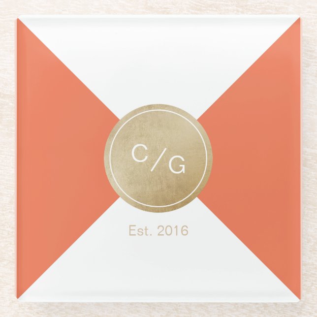 Orange minimalist modern wedding monogram glass coaster (Front)
