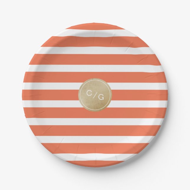 Orange minimalist modern wedding monogram paper plates (Front)