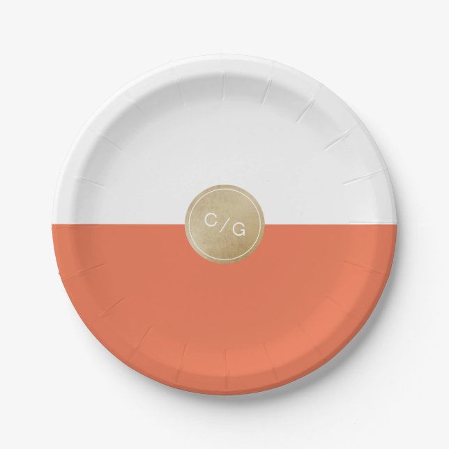Orange minimalist modern wedding monogram paper plates (Front)