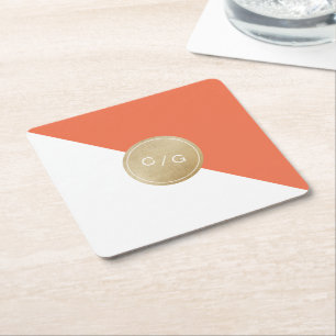 Orange minimalist modern wedding monogram square paper coaster