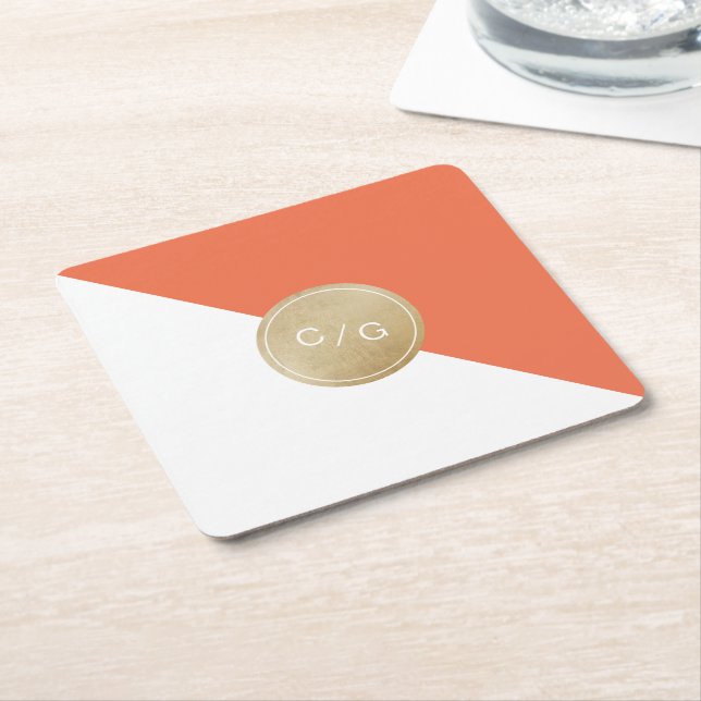 Orange minimalist modern wedding monogram square paper coaster (Angled)