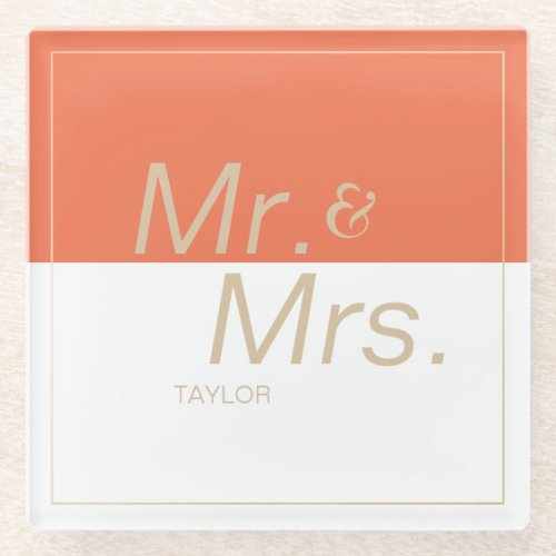 Orange minimalist modern wedding mr  mrs glass coaster