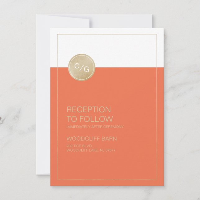 Orange minimalist modern wedding reception card (Front)