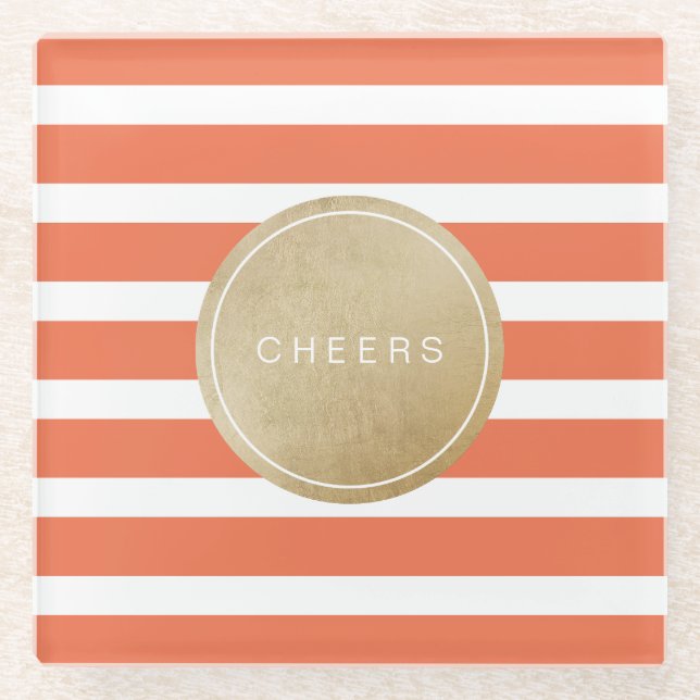 Orange minimalist modern wedding stripes glass coaster (Front)