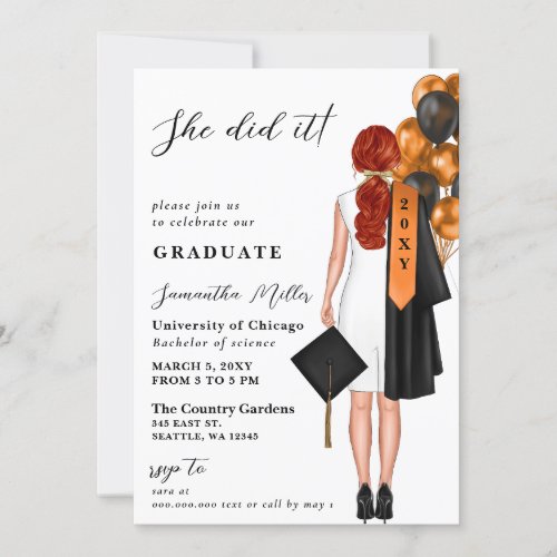 Orange Minimalist Photo She Did It Graduation Invitation