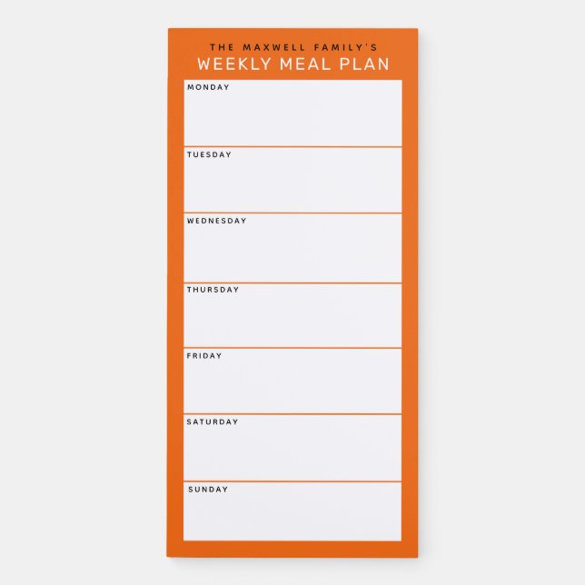 Orange Minimalist Simple Family Meal Planning Magnetic Notepad (Front)