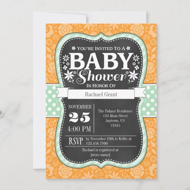 Orange Mint Chalkboard Floral Baby Shower Invite (Front)