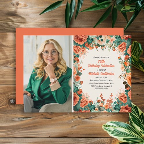 Orange Mint Green Floral 75th Birthday Photo Invitation