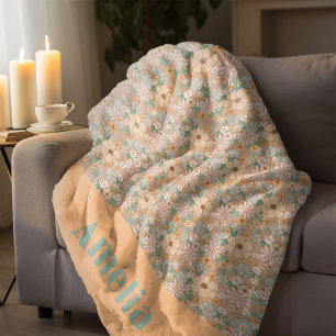 Orange mint green floral pattern name fleece blanket