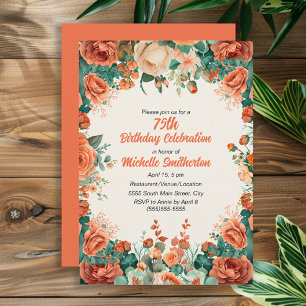 Orange Mint Green Watercolor Floral 75th Birthday Invitation