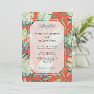 Orange Mint Tropical Green Leaves Wedding Invitation