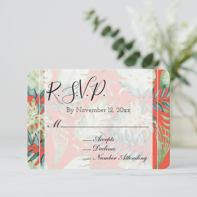 Orange Mint Tropical Green Leaves Wedding RSVP Enclosure Card (Standing Front)