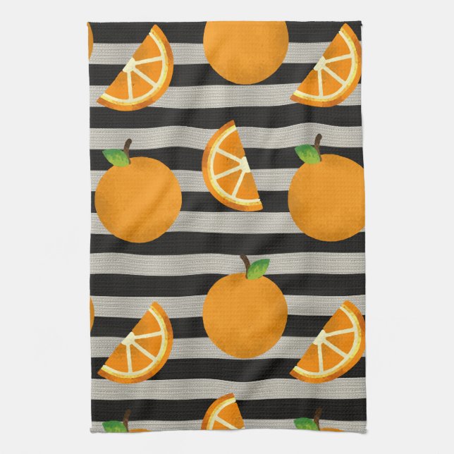 Orange Modern Black & White Stripes Kitchen Towel (Vertical)