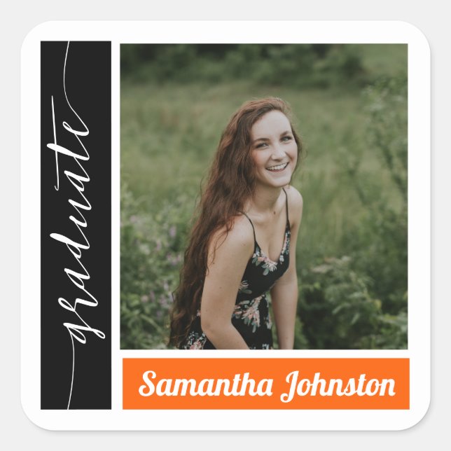 Orange Modern Block Photo Graduation Square Sticker (Front)