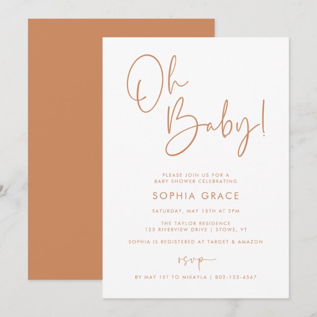 Orange Modern Boho Gender Neutral Baby Shower Invitation (Front/Back)