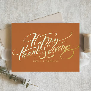 Orange Modern Calligraphy Happy Thanksgiving Foil Holiday Postcard