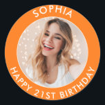 Orange Modern Colorful Happy 21st Birthday Photo Classic Round Sticker<br><div class="desc">Cute 21st Birthday Happy Birthday Custom Photo stickers for your son or daughter's birthday party. They feature a cute customizable text and image. Perfect for invitations and party bag goodies.</div>