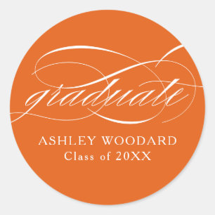 Orange Modern Elegant Script Graduation Classic Round Sticker
