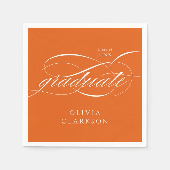 Orange Modern Elegant Script Graduation Party Napkins (Front)
