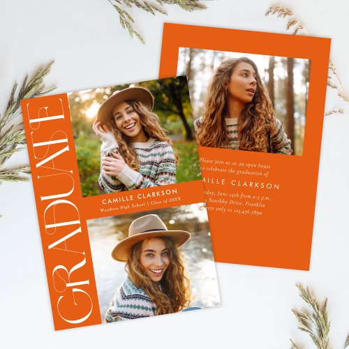 Orange Modern Elegant Three Photo Graduation Invitation