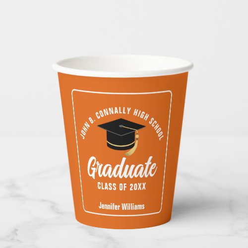 Orange Modern Graduate Cap Custom Graduation Party Paper Cups