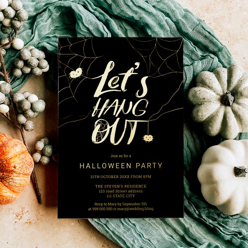 Orange modern Halloween spider hang out script Foil Holiday Card