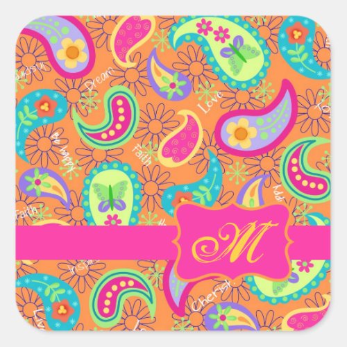 Orange Modern Paisley Whimsy Pattern Square Sticker