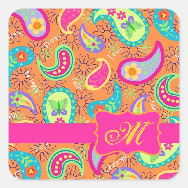 Orange Modern Paisley Whimsy Pattern Square Sticker (Front)