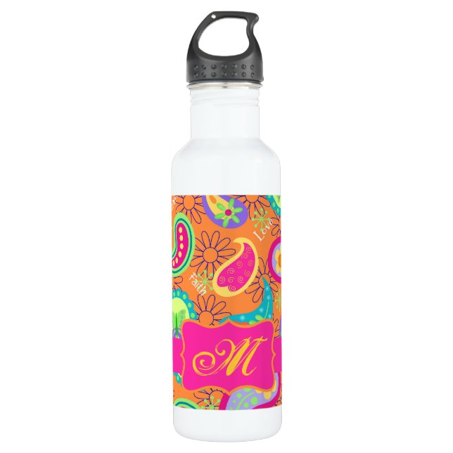 Orange Modern Paisley Whimsy Pattern Water Bottle (Front)