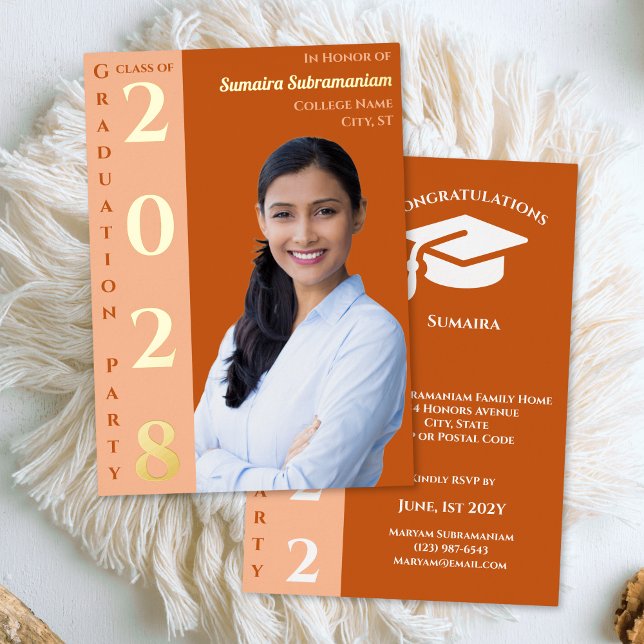 Orange Modern Photo Graduation Party Gold Foil Invitation (Creator Uploaded)