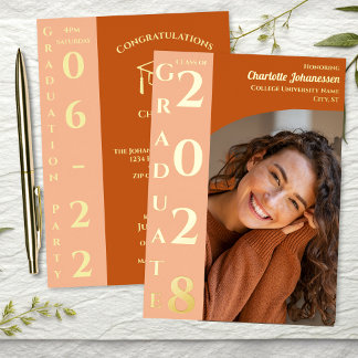 Orange Modern Photo Graduation Party Gold Foil Invitation
