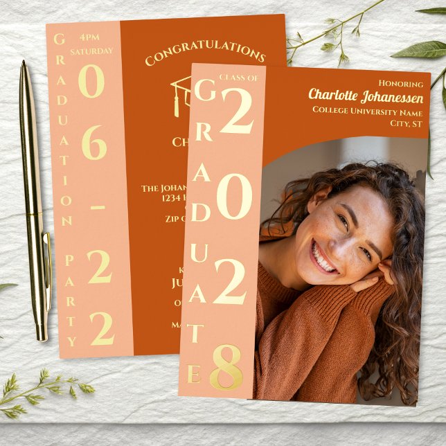 Orange Modern Photo Graduation Party Gold Foil Invitation (Creator Uploaded)