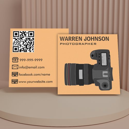 Orange Modern Photographer QR Code Square Business Card