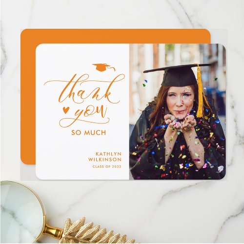 Orange Modern Script Photo Minimalist Graduation Thank You Card