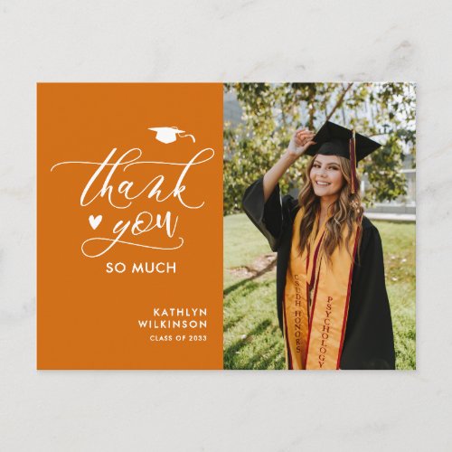Orange Modern Script Simple Graduation Thank You Postcard