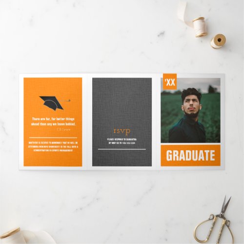 Orange Modern Textured Photo Graduation Tri_Fold Invitation