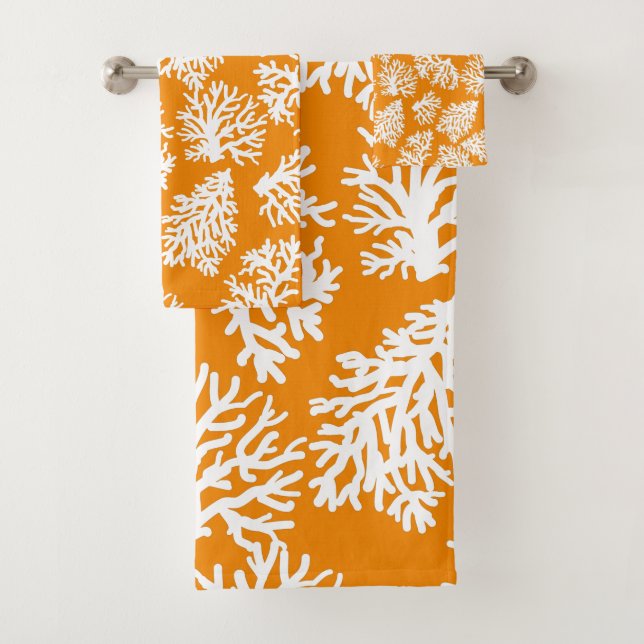 Orange Modern  White Beach Coral  Reef   Bath Towel Set (Insitu)