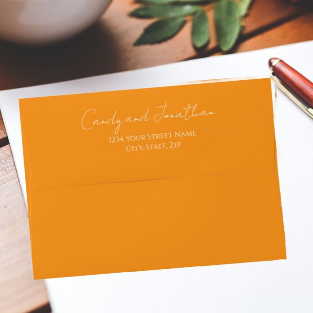 Orange Modern White Script Wedding Envelope (In Situ)