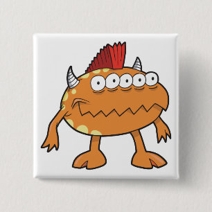 orange mohawk monster many eyes pinback button