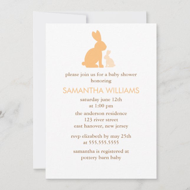 Orange Mom and Baby Rabbit Baby Shower Invitation (Front)