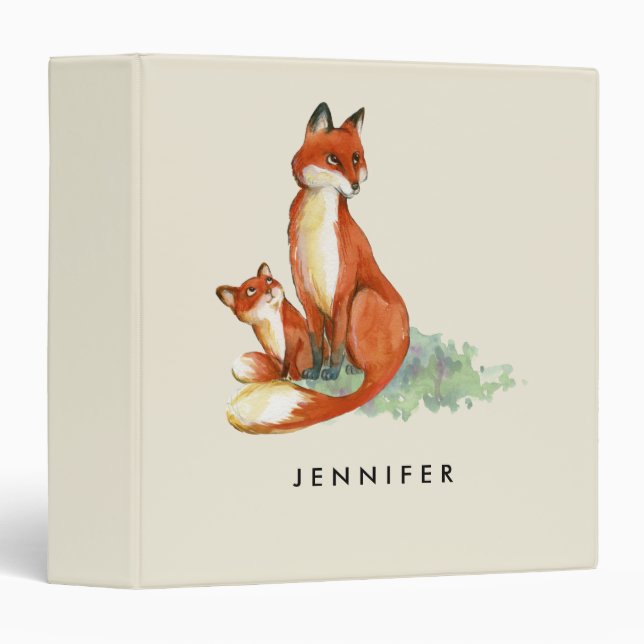Orange Momma Fox and Pup Watercolor Illustration 3 Ring Binder (Front/Spine)