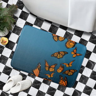 Orange Monarch Butterflies Blue Ombre Nature Bath Mat