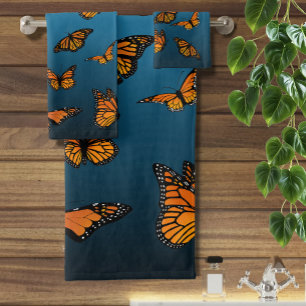 Orange Monarch Butterflies Blue Ombre Nature Bath Towel Set