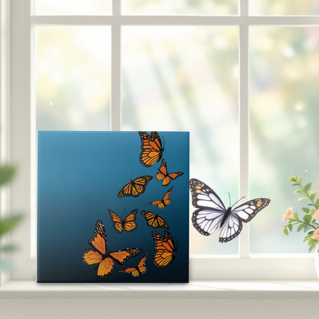 Orange Monarch Butterflies Blue Ombre Nature Ceramic Tile (Creator Uploaded)