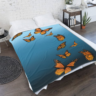 Orange Monarch Butterflies Blue Ombre Nature Fleece Blanket