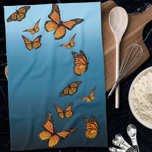 Orange Monarch Butterflies Blue Ombre Nature Kitchen Towel