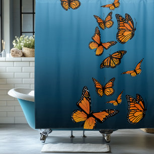 Orange Monarch Butterflies Blue Ombre Nature Shower Curtain