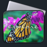 Orange Monarch Butterfly Explore Script Modern Laptop Sleeve<br><div class="desc">A close-up photo of a delicate, orange and black monarch butterfly resting on a bright magenta flower. Explore thoughts of warm, sunny days whenever you use this stunning, colorful photography neoprene laptop sleeve. This laptop sleeve comes in three sizes: 15", 13", and 10”. Makes a great gift for someone special!...</div>