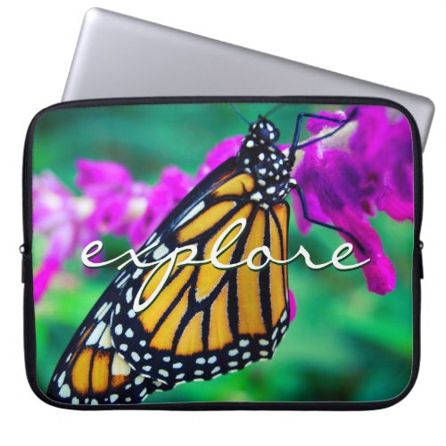 Orange Monarch Butterfly Explore Script Modern Laptop Sleeve